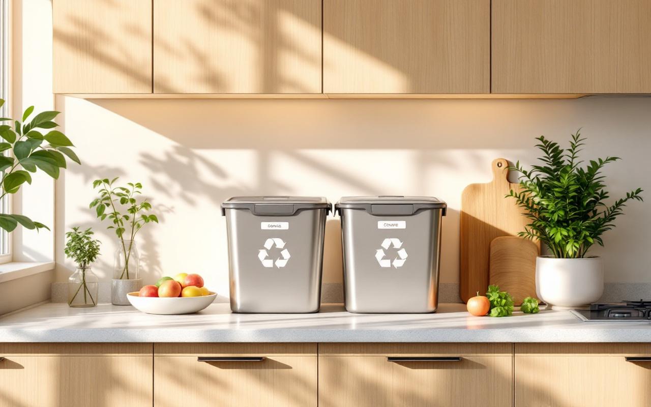 Plan de travail de cuisine moderne avec bac à compost en acier inoxydable et containers de recyclage étiquetés, surface en quartz, armoires en bois clair, petite plante en pot et bol de fruits, lumière naturelle douce et ambiance chaleureuse.
