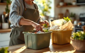 Personne à domicile triant les déchets de cuisine dans des poubelles séparées, debout près d'un îlot lumineux, mettant des restes dans le bac compost, le recyclage et la poubelle, tons chauds avec accents verts, lumière matinale douce.