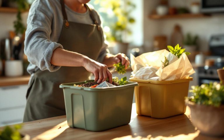 Personne à domicile triant les déchets de cuisine dans des poubelles séparées, debout près d'un îlot lumineux, mettant des restes dans le bac compost, le recyclage et la poubelle, tons chauds avec accents verts, lumière matinale douce.