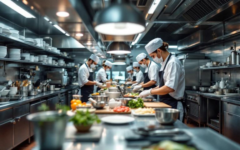 Cuisine professionnelle de restaurant en inox, zone de préparation propre et équipe en tenue HACCP pendant le service.