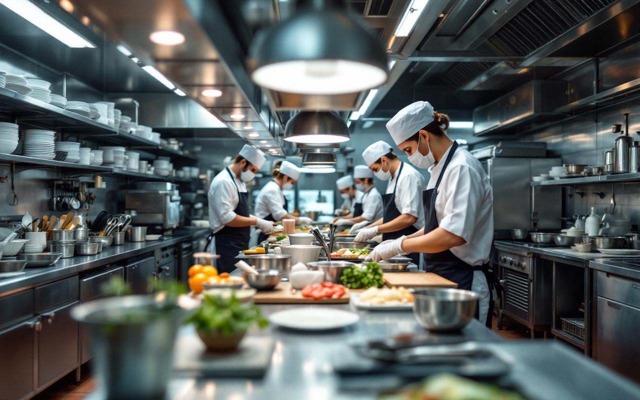 Cuisine professionnelle de restaurant en inox, zone de préparation propre et équipe en tenue HACCP pendant le service.