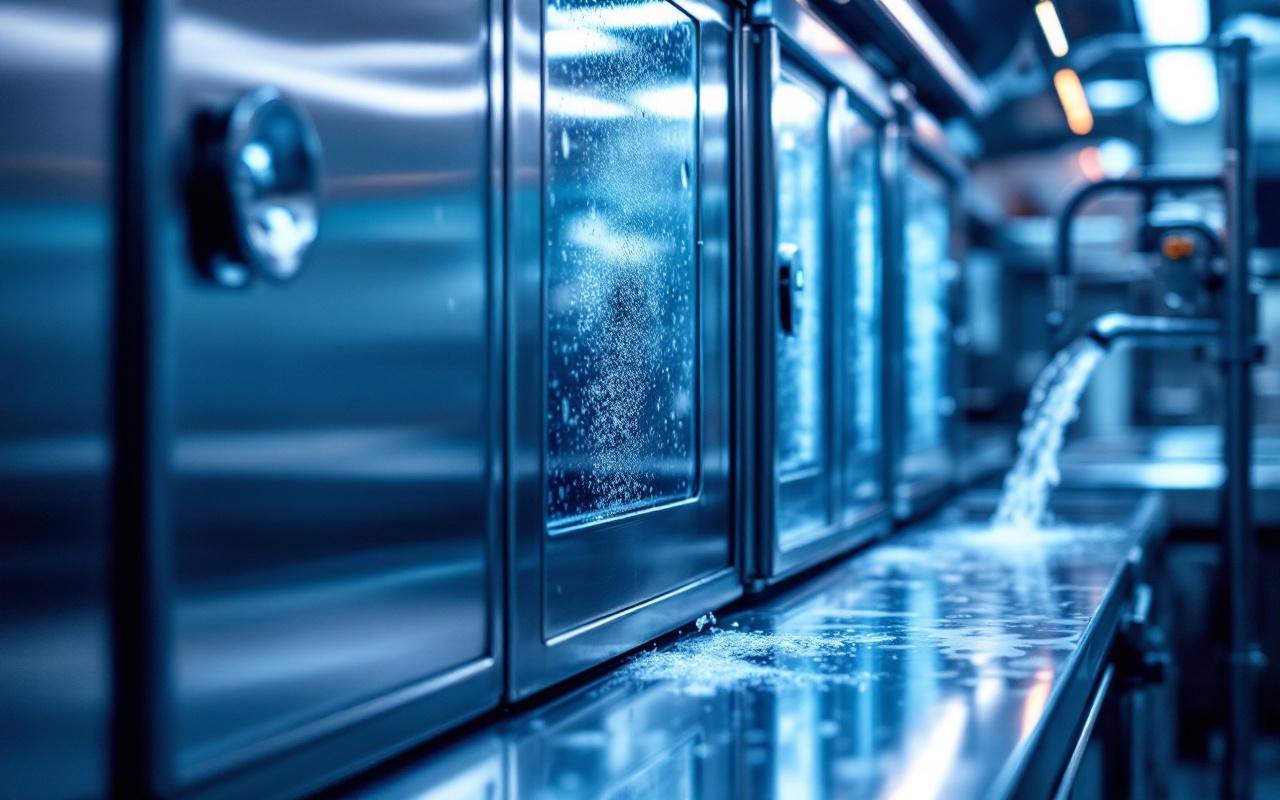 Gros plan d’équipements de cuisine professionnelle en acier inox, avec une chambre froide et un poste de lavage en restaurant, éclairage industriel et détails nets.