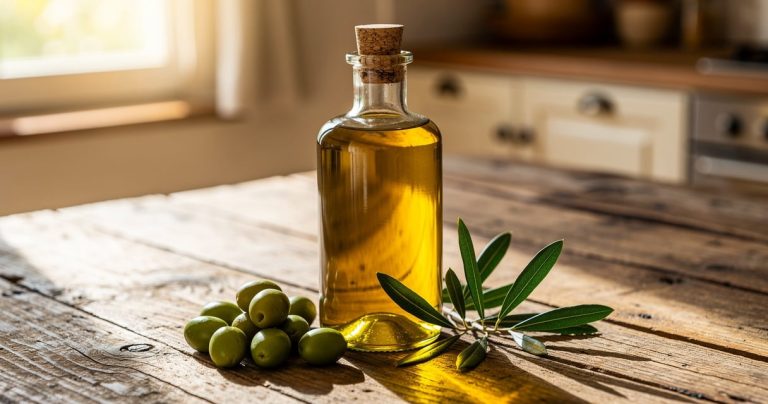 Bouteille d'huile d'olive extra vierge sur une table en bois avec des olives fraîches