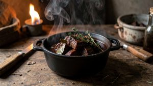 Assiette avec civet de sanglier mijoté en cocotte, sauce sombre brillante, herbes de thym et laurier, ambiance de cuisine de terrain avec lumière chaude et vapeur.