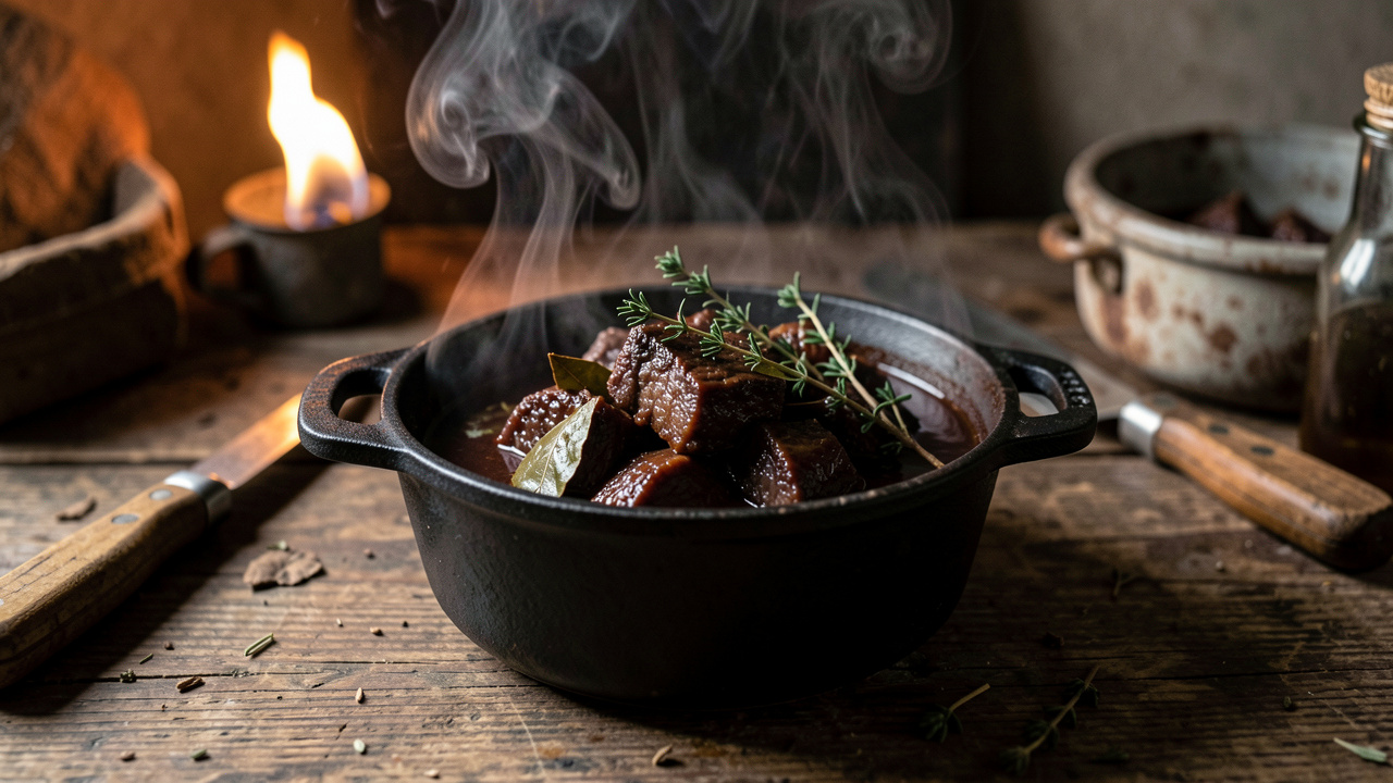 Assiette avec civet de sanglier mijoté en cocotte, sauce sombre brillante, herbes de thym et laurier, ambiance de cuisine de terrain avec lumière chaude et vapeur.
