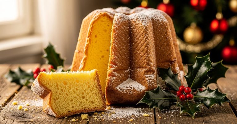 Pandoro traditionnel italien en forme d'étoile saupoudré de sucre glace sur une table en bois