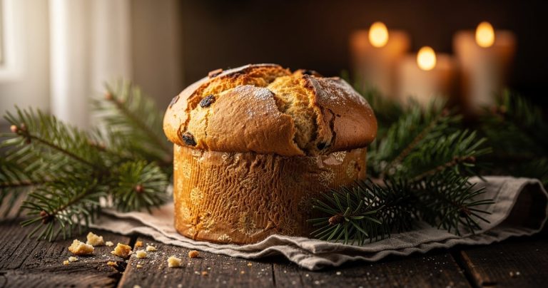 Panettone milanais entier au dôme doré sur une table de Noël
