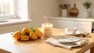Table de cuisine élégante et lumineuse avec une bougie parfumée allumée, des agrumes frais et des herbes vertes, ambiance raffinée et apaisante.