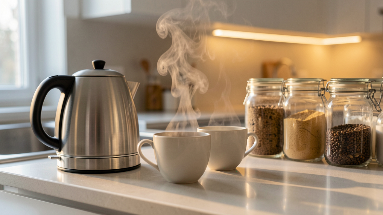 Cuisine moderne avec bouilloire, tasses chaudes fumantes et bocaux élégants sur un plan de travail.