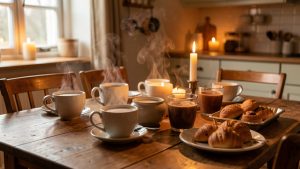 Table de cuisine chaleureuse avec plusieurs boissons chaudes dans des tasses élégantes, de la vapeur légère et une lumière douce.