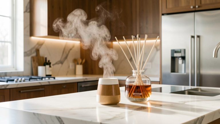 Cuisine élégante et lumineuse avec diffuseur parfumé diffusant une brume douce, matières nobles et lumière naturelle raffinée.