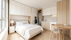Studio moderne et bien aménagé, avec lit, rangements intégrés, petite cuisine et table compacte, baigné d’une lumière claire et naturelle.