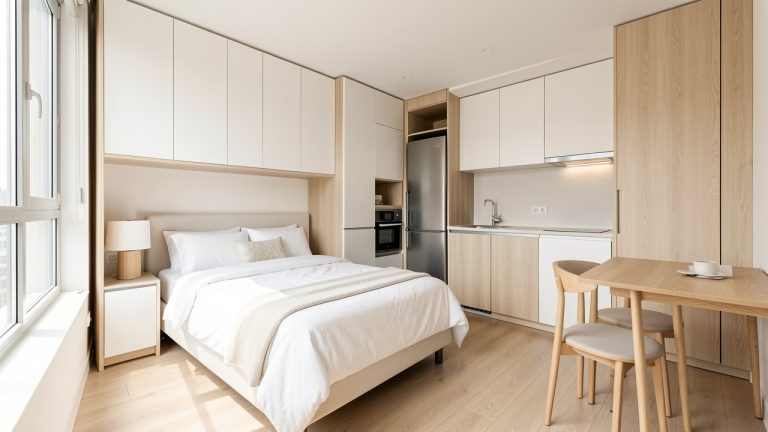 Studio moderne et bien aménagé, avec lit, rangements intégrés, petite cuisine et table compacte, baigné d’une lumière claire et naturelle.