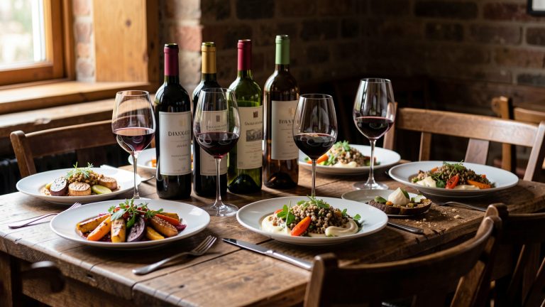 Table de bistrot chaleureuse présentant des bouteilles de vin, des verres élégants et plusieurs plats végétariens colorés composés de légumes rôtis, d’herbes et de céréales.