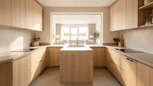 Cuisine contemporaine ouverte en forme de U, avec façades en bois clair, plan de travail minéral et vue sur un salon lumineux, au centre dégagé.