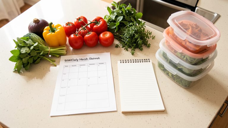Plan de travail lumineux avec feuilles vierges, légumes frais colorés et boîtes repas réutilisables soigneusement disposées dans une cuisine.