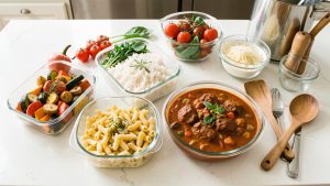 Quatre portions de dîners familiaux variés, préparées à l’avance dans des contenants en verre sur un îlot de cuisine.