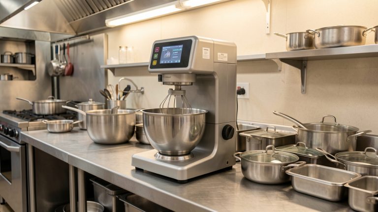Robot de cuisine professionnel compact avec accessoires et cuve en acier inoxydable, installé dans une cuisine commerciale organisée pour optimiser l’espace.