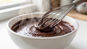 Sauce au chocolat granuleuse en cours de lissage au fouet avant le nappage.