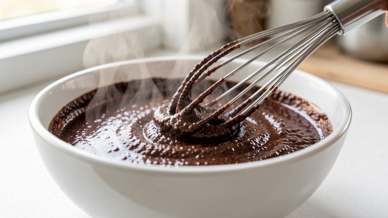 Sauce au chocolat granuleuse en cours de lissage au fouet avant le nappage.
