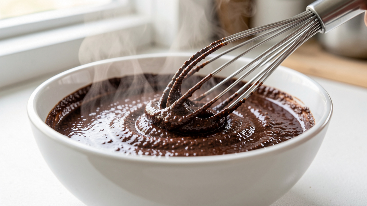 Sauce au chocolat granuleuse en cours de lissage au fouet avant le nappage.