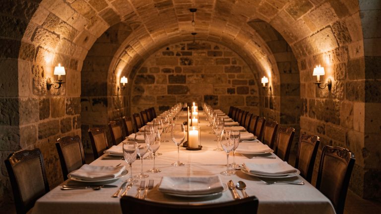 Table de séminaire élégante dressée dans une cave parisienne voûtée, avec des verres de vin, une lumière chaude et des murs en pierres apparentes.