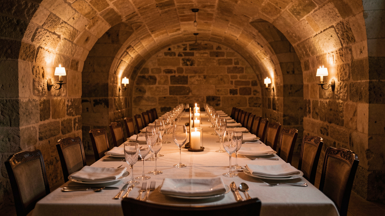 Table de séminaire élégante dressée dans une cave parisienne voûtée, avec des verres de vin, une lumière chaude et des murs en pierres apparentes.