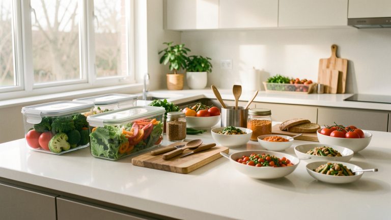 Cuisine lumineuse avec contenants hermétiques, légumes frais, ustensiles en bois et repas préparés soigneusement disposés sur un plan de travail.