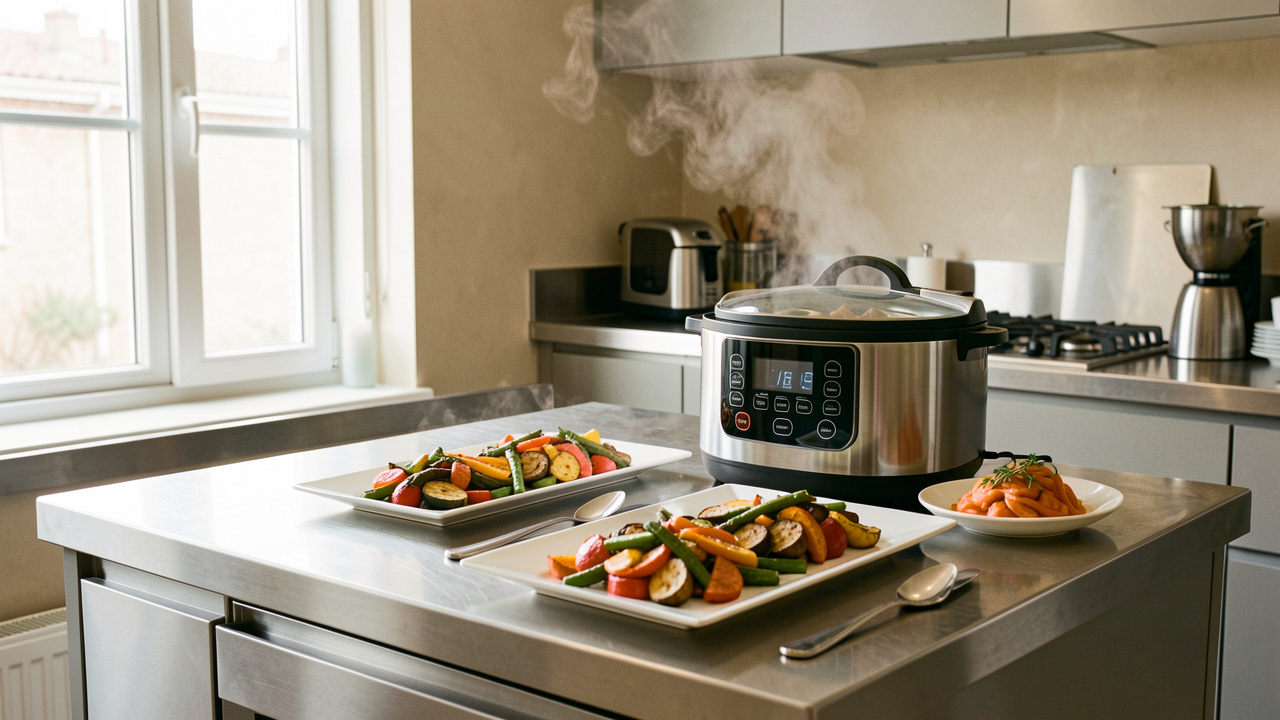 Petite cuisine de restauration moderne avec un multicuiseur compact posé sur un plan de travail en inox, des légumes rôtis colorés et plusieurs portions soigneusement dressées, éclairée par une lumière naturelle.